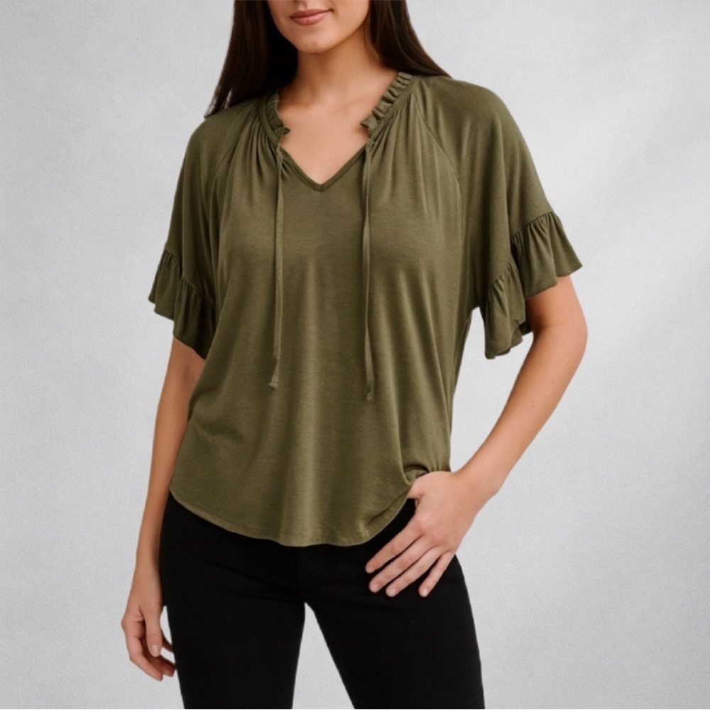 J Crew Womens Top Tee T Shirt Size S Ruffle Neckline Sleeves Stretch